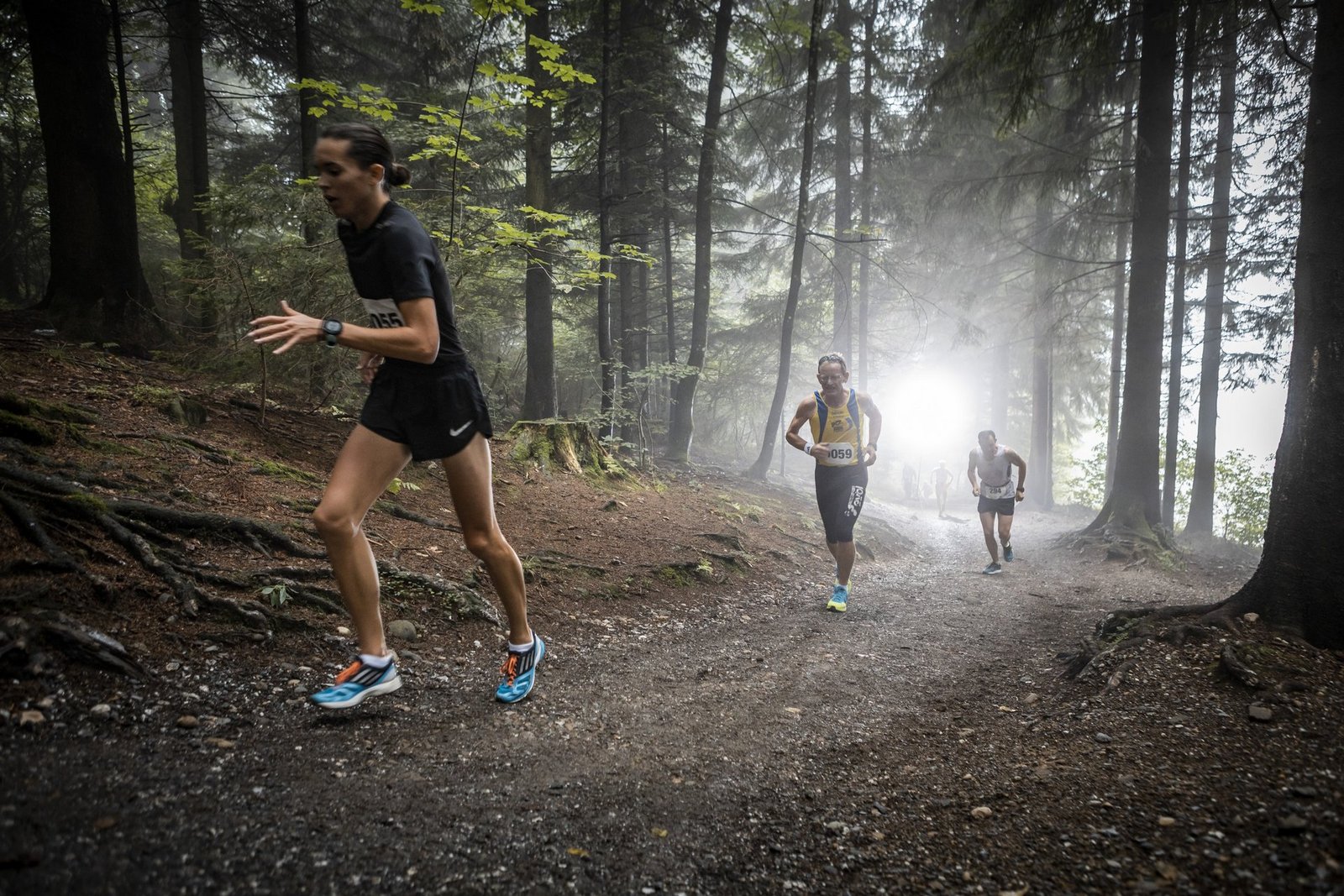 Läufer bei leichtem Nebel im Wald