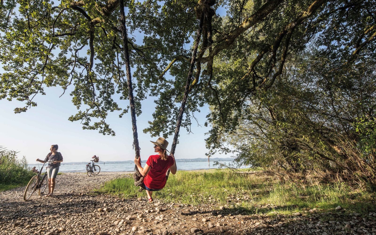 Frau schaukelt auf Seil unterm Baum am See